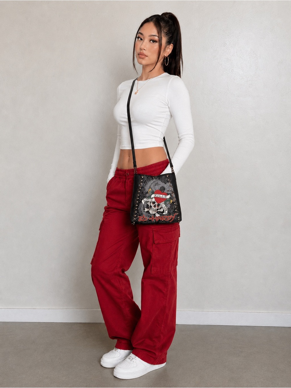 Ed Hardy Black Crossbody with Red Heart and Skull Graphic